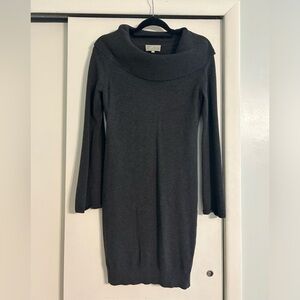 Dark gray sweater dress with swooping neck line
